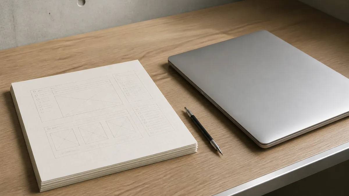 A desk with paper sketches, a mechanical pencil, and a closed silver laptop