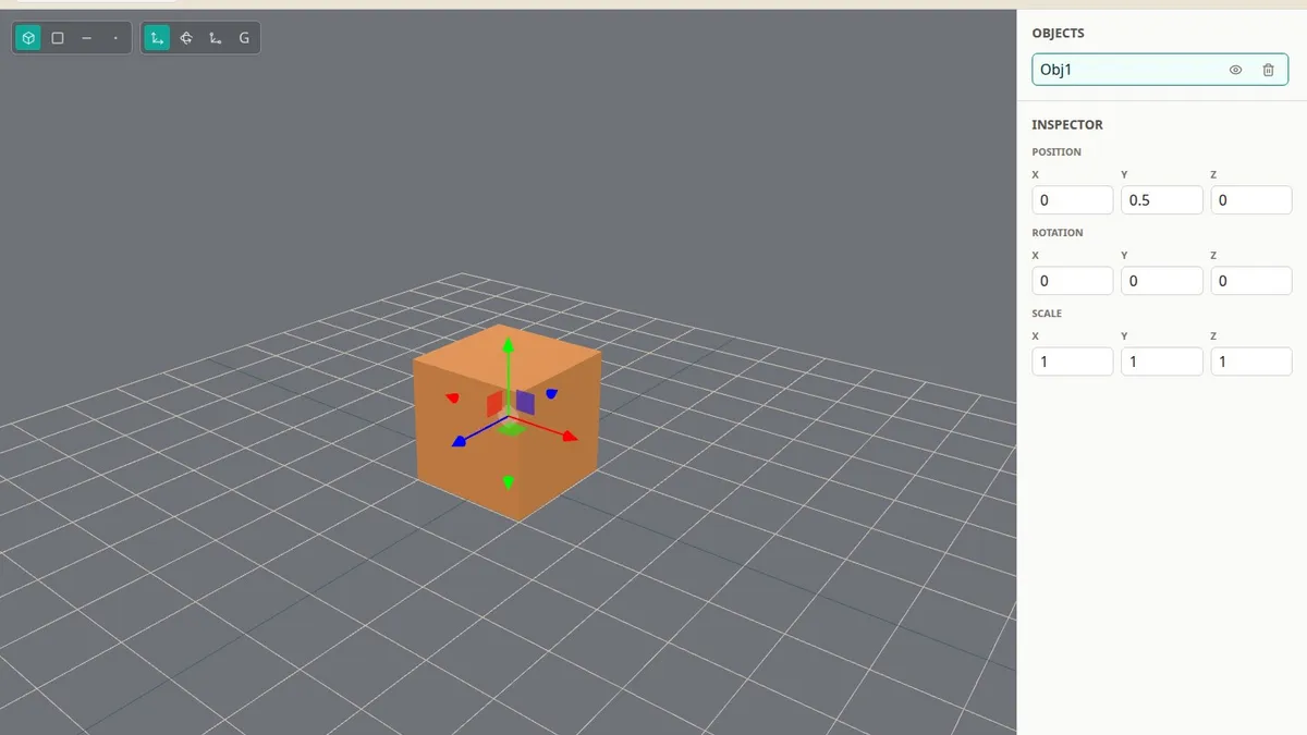 Easy Asset Maker editor showing an orange cube, a move gizmo, and the object inspector